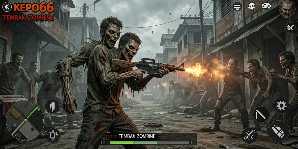 Tampilan antarmuka KEPO66 saat melawan zombie dengan berbagai senjata.