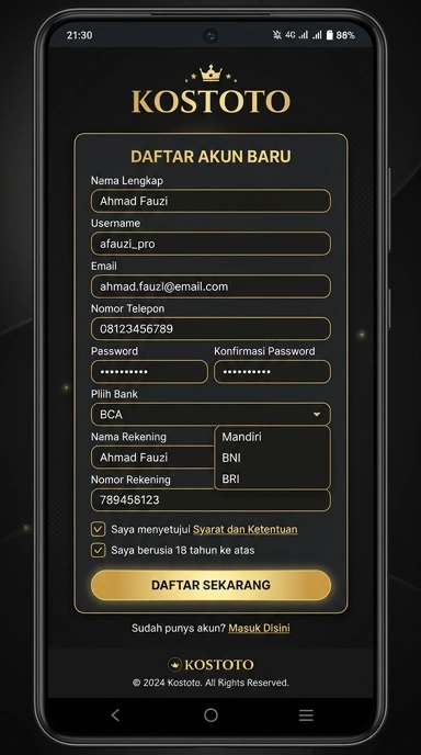 Tampilan halaman daftar kostoto